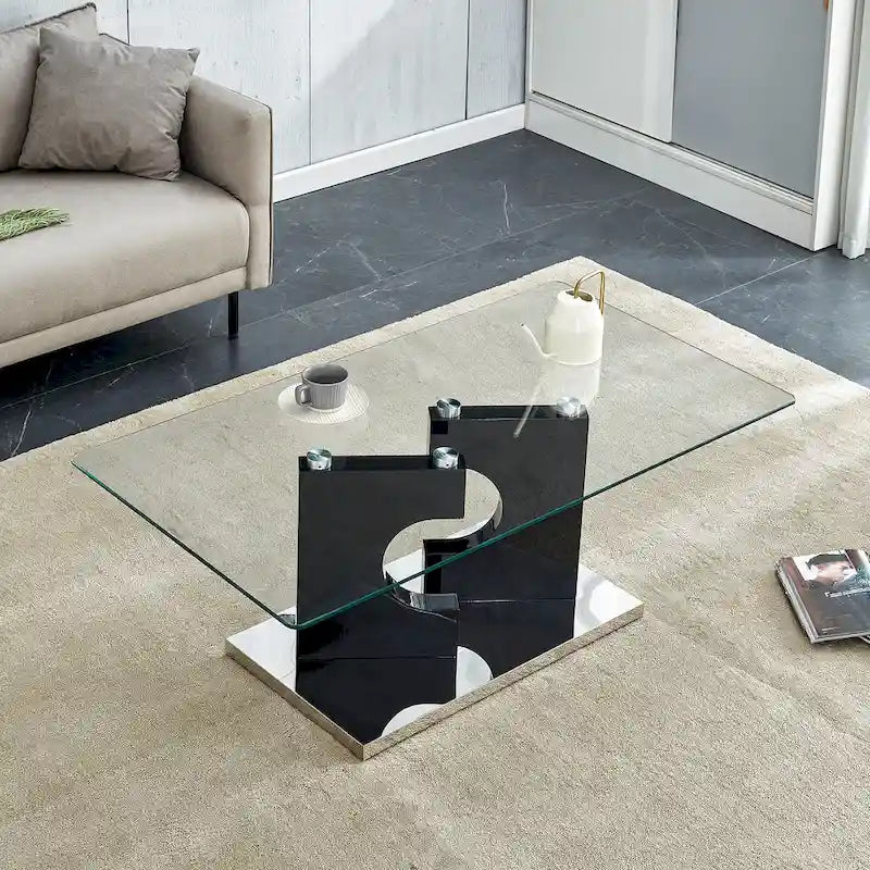 47.2 moderner rechteckiger Couchtisch mit Tischplatte aus gehärtetem Glas und MDF-Beinen