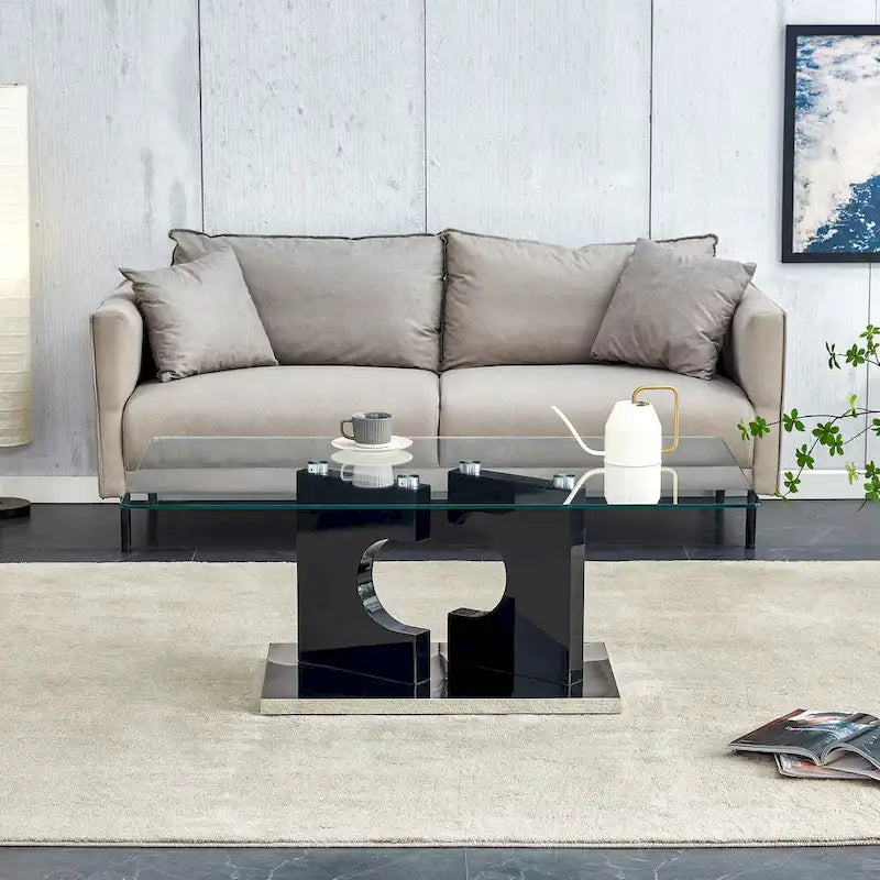 47.2 moderner rechteckiger Couchtisch mit Tischplatte aus gehärtetem Glas und MDF-Beinen