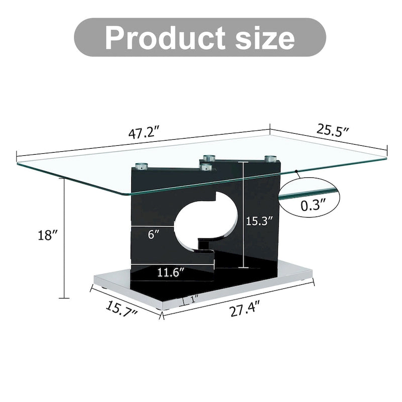 47.2 moderner rechteckiger Couchtisch mit Tischplatte aus gehärtetem Glas und MDF-Beinen