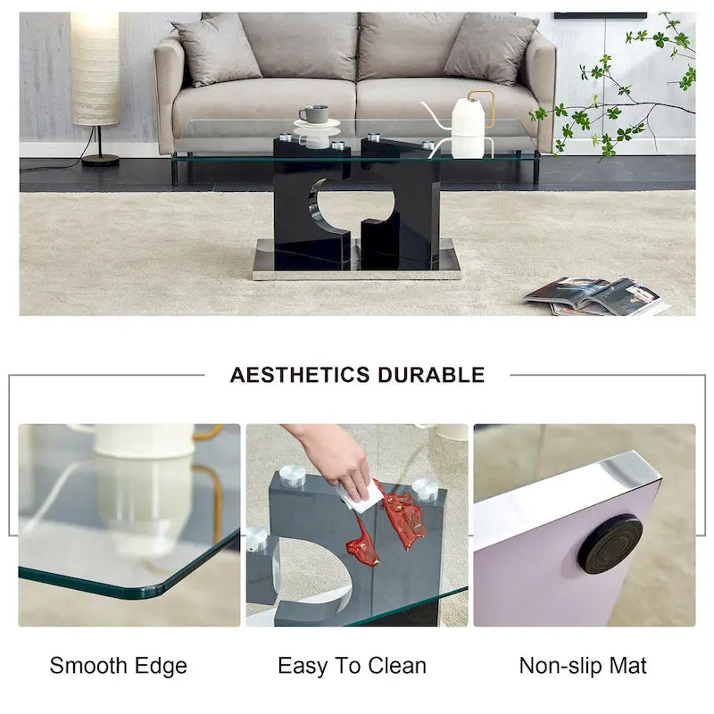 47.2 moderner rechteckiger Couchtisch mit Tischplatte aus gehärtetem Glas und MDF-Beinen