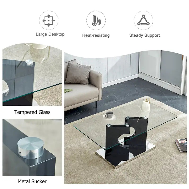 47.2 moderner rechteckiger Couchtisch mit Tischplatte aus gehärtetem Glas und MDF-Beinen