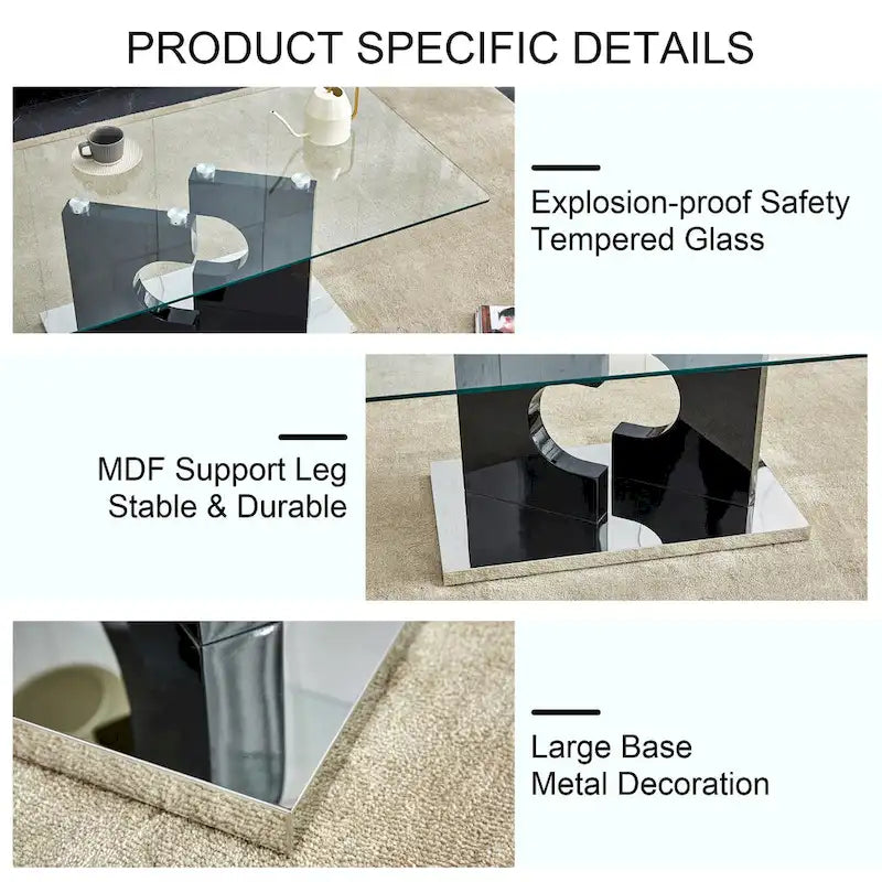 47.2 moderner rechteckiger Couchtisch mit Tischplatte aus gehärtetem Glas und MDF-Beinen