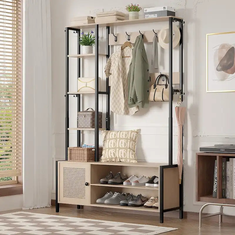 Javlergo Hall Tree for Entryway, Coat Rack with Bench Shoe Storage, 5-in-1 Entryway Bench Coat Rack with 9 Hooks