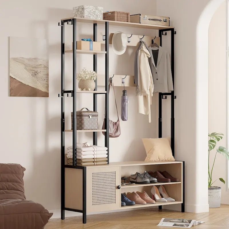 Hall Tree for Entryway, Coat Rack with Bench Shoe Storage, 5-in-1 Entryway Bench Coat Rack with 9 Hooks