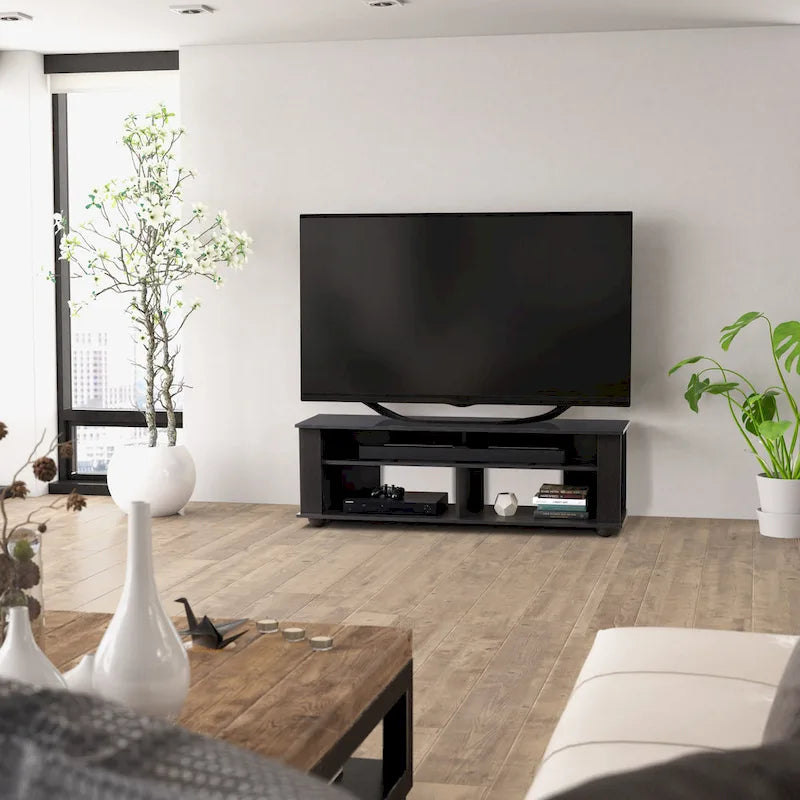 Meuble TV noir en bois, pour téléviseurs jusqu’à 75
