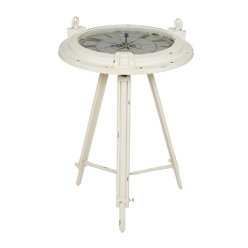 Table d'appoint en métal avec horloge et plateau en verre transparent (blanc ou noir)