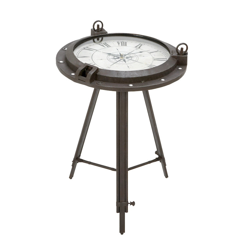Table d'appoint en métal avec horloge et plateau en verre transparent (blanc ou noir)