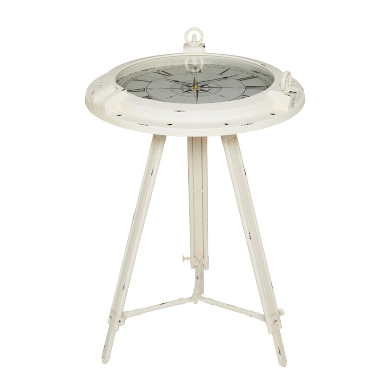Table d'appoint en métal avec horloge et plateau en verre transparent (blanc ou noir)