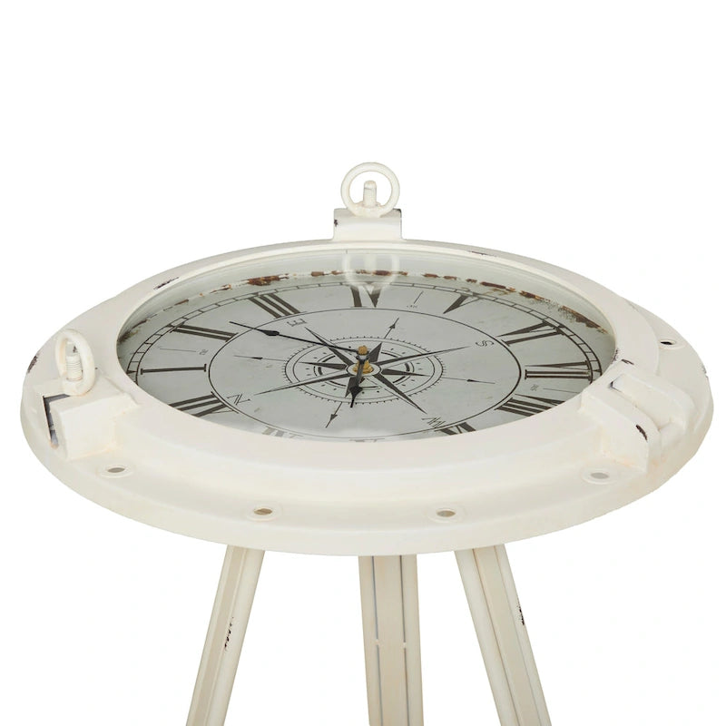 Table d'appoint en métal avec horloge et plateau en verre transparent (blanc ou noir)