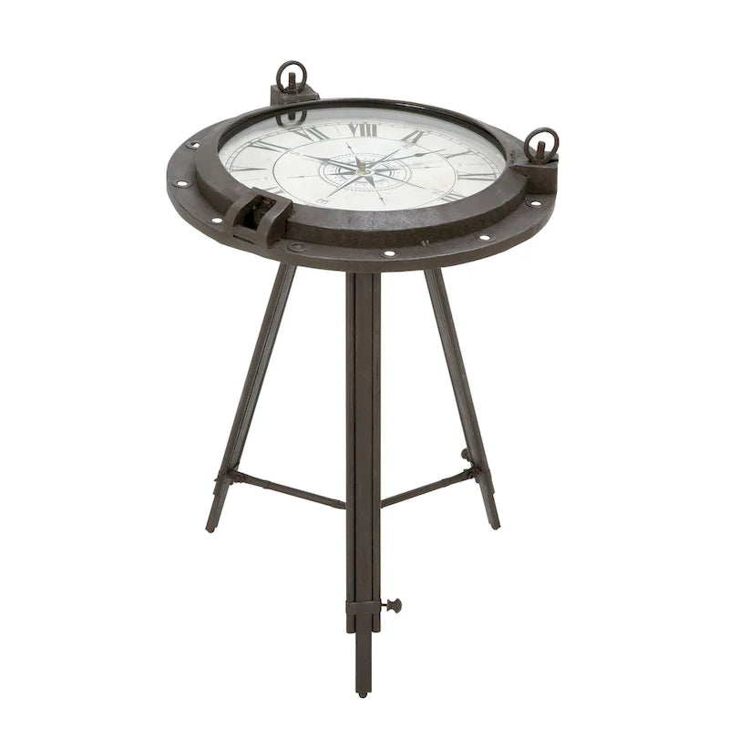 Table d'appoint en métal avec horloge et plateau en verre transparent (blanc ou noir)