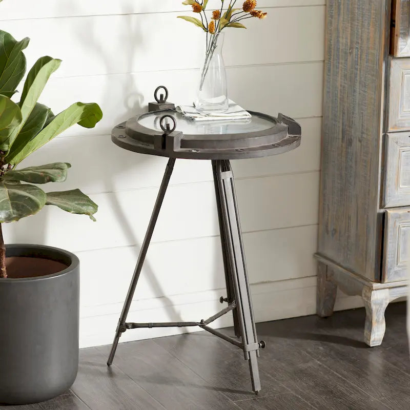Table d'appoint en métal avec horloge et plateau en verre transparent (blanc ou noir)