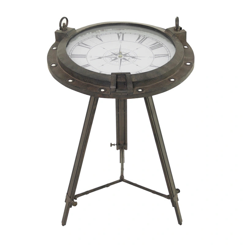 Table d'appoint en métal avec horloge et plateau en verre transparent (blanc ou noir)