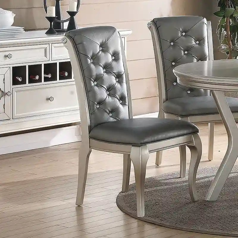 Dining Chairs With Button Tufted Back, Antique Silver(Set of 2)