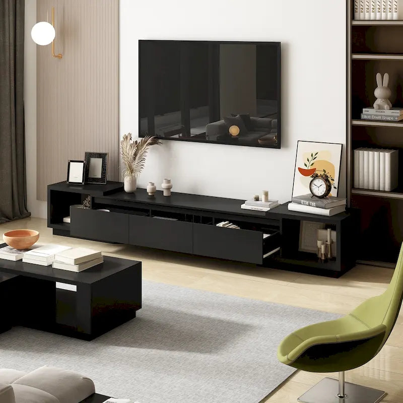 Meuble TV extensible de style moderne avec 3 tiroirs, blanc/noir, 65.4-106.3