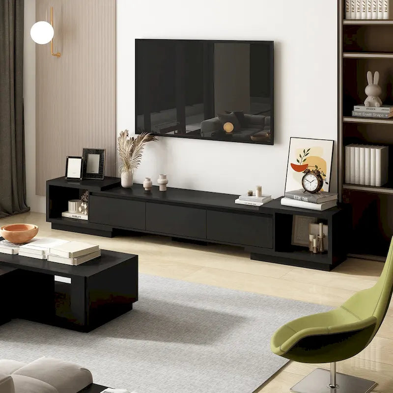 Moderner ausziehbarer TV-Schrank mit 3 Schubladen, weiß/schwarz, 65.4-106.3