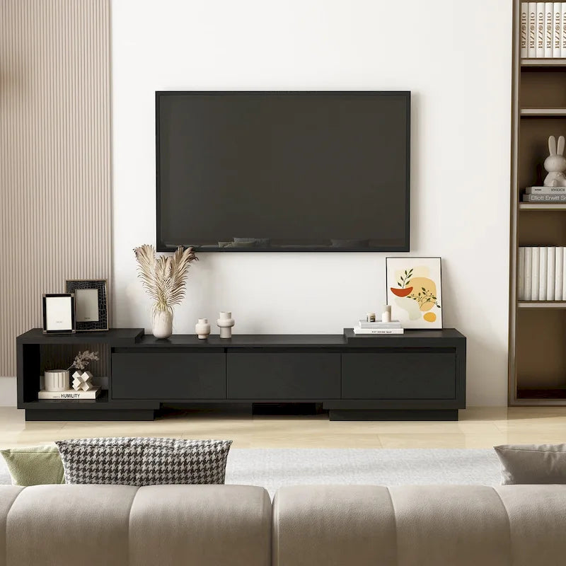 Moderner ausziehbarer TV-Schrank mit 3 Schubladen, weiß/schwarz, 65.4-106.3