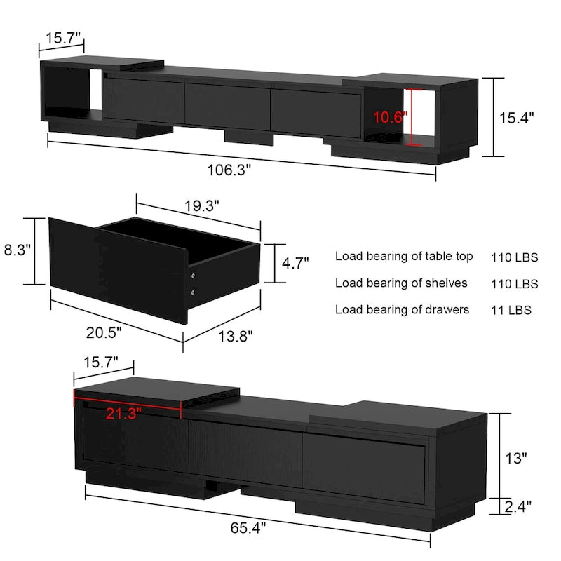 Moderner ausziehbarer TV-Schrank mit 3 Schubladen, weiß/schwarz, 65.4-106.3