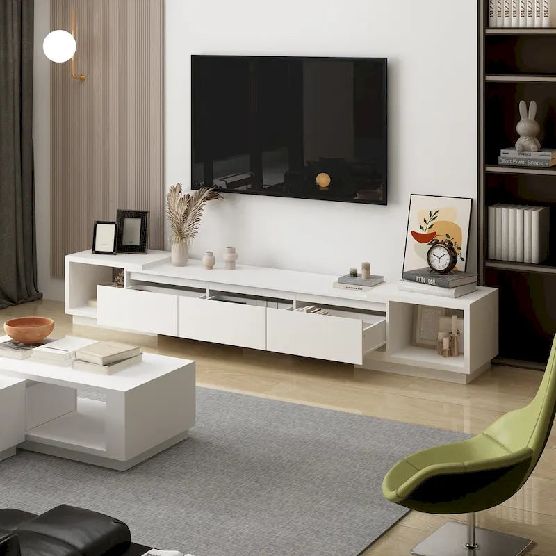 Moderner ausziehbarer TV-Schrank mit 3 Schubladen, weiß/schwarz, 65.4-106.3