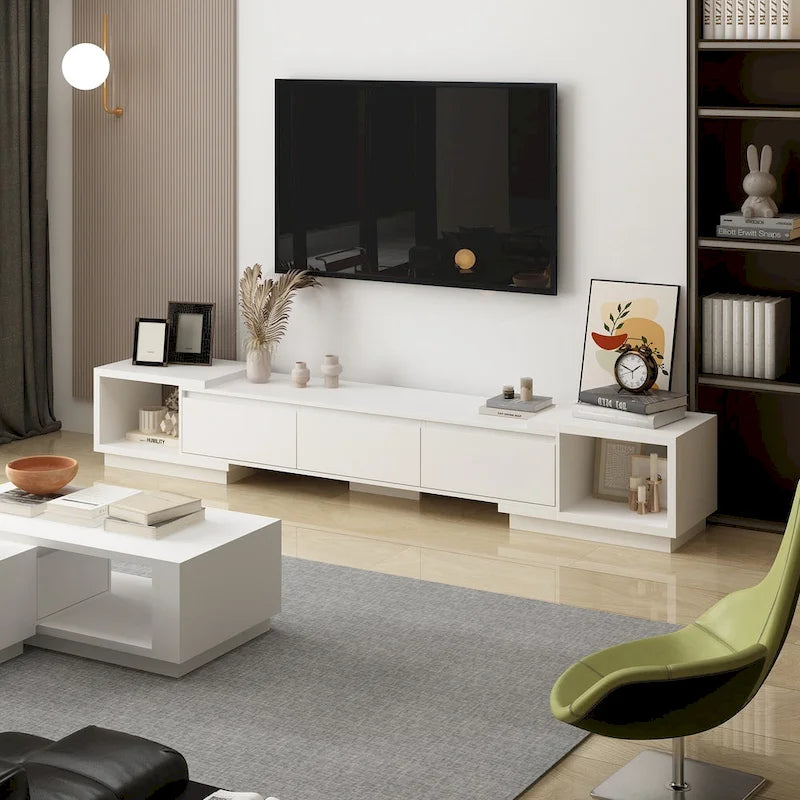 Moderner ausziehbarer TV-Schrank mit 3 Schubladen, weiß/schwarz, 65.4-106.3
