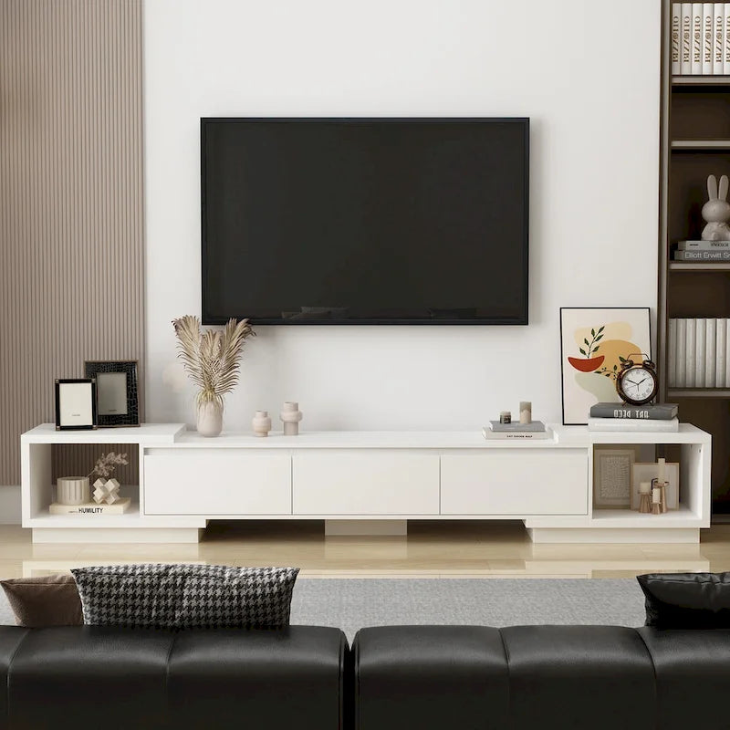Moderner ausziehbarer TV-Schrank mit 3 Schubladen, weiß/schwarz, 65.4-106.3