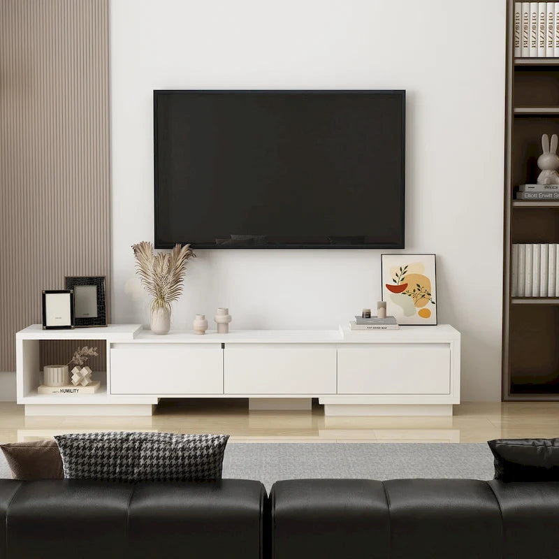 Moderner ausziehbarer TV-Schrank mit 3 Schubladen, weiß/schwarz, 65.4-106.3