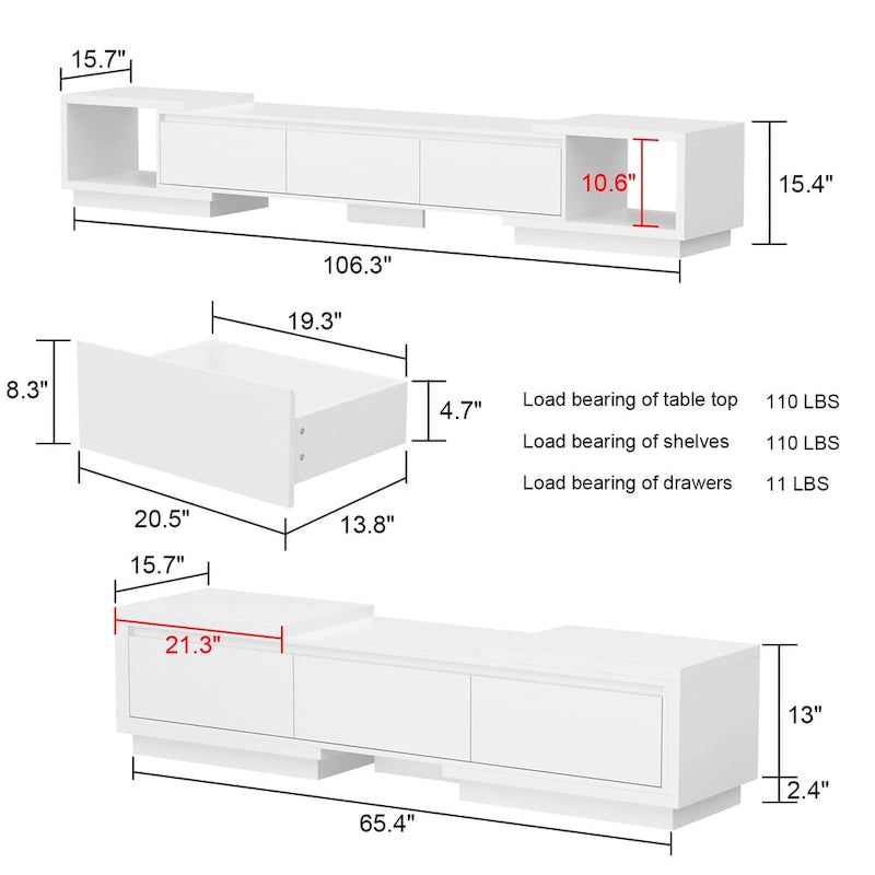 Moderner ausziehbarer TV-Schrank mit 3 Schubladen, weiß/schwarz, 65.4-106.3