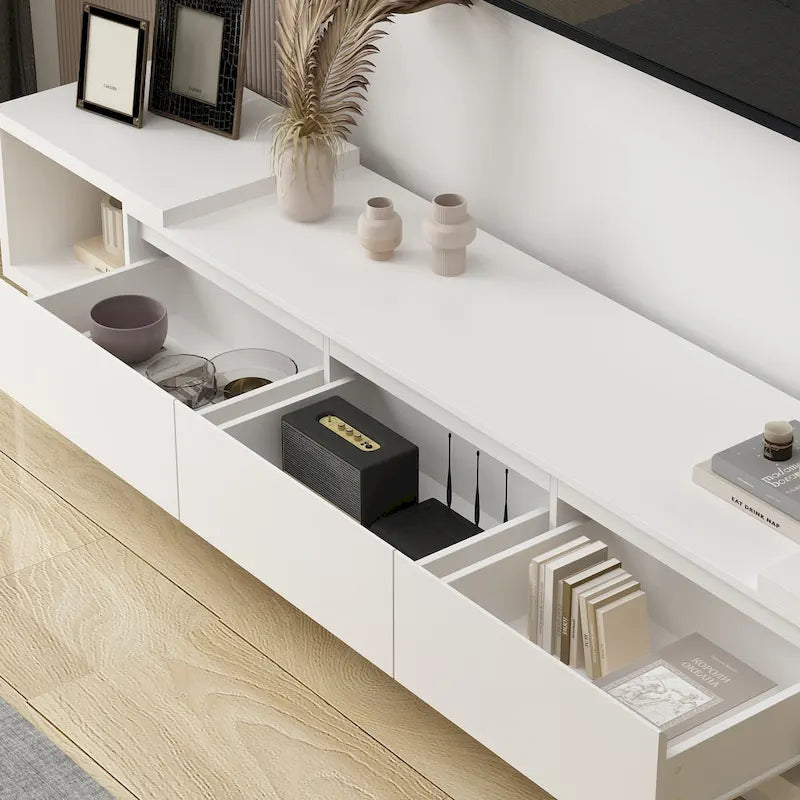 Moderner ausziehbarer TV-Schrank mit 3 Schubladen, weiß/schwarz, 65.4-106.3