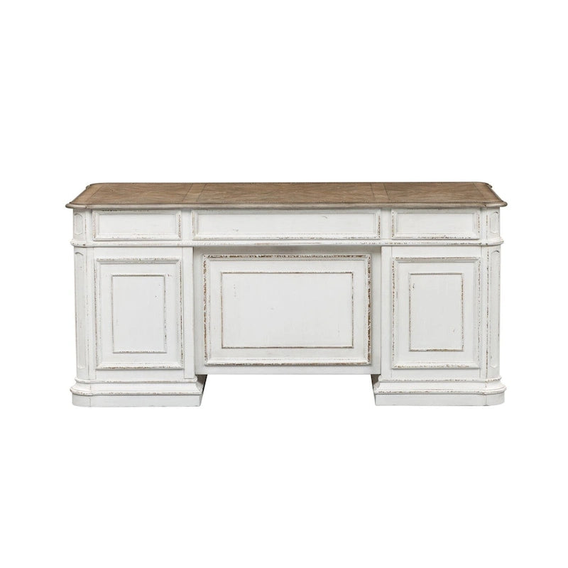 Distressed white faux-antique desk with bark-like texture
