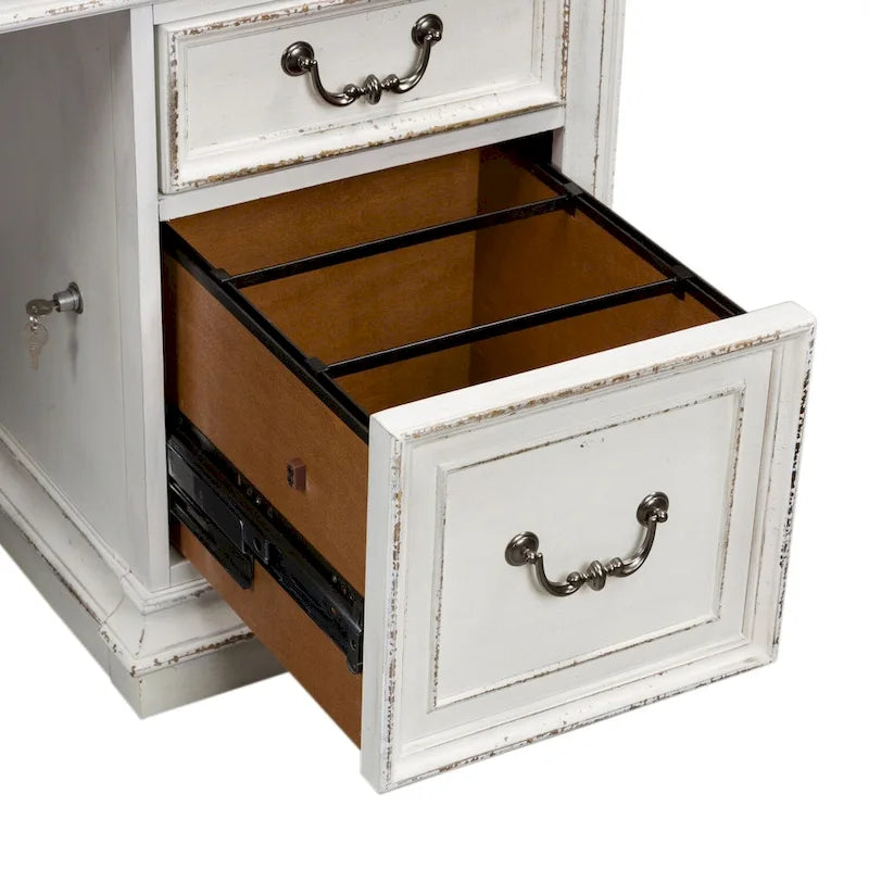 Distressed white faux-antique desk with bark-like texture
