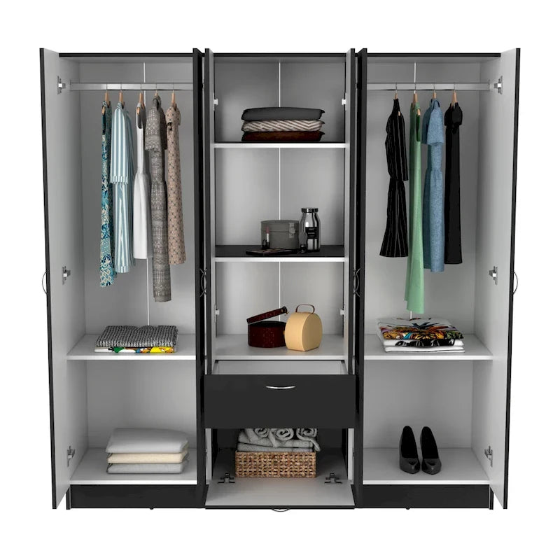 Armoire à six portes, sept étagères intérieures, un tiroir, une tringle - N/A