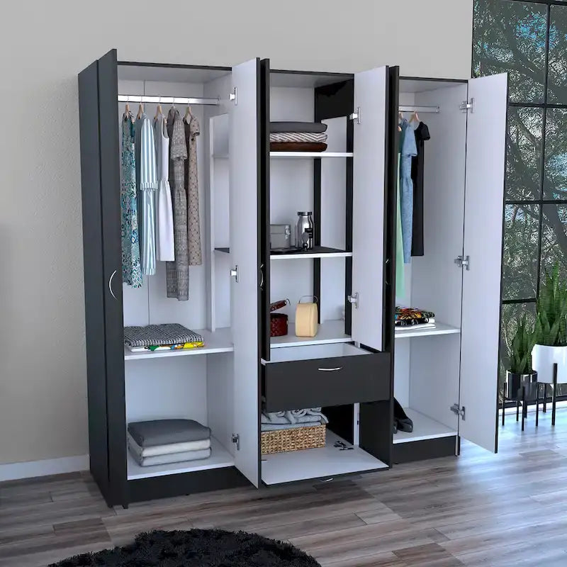 Kleiderschrank mit sechs Türen, sieben Innenregalen, einer Schublade und Kleiderstange - N/A