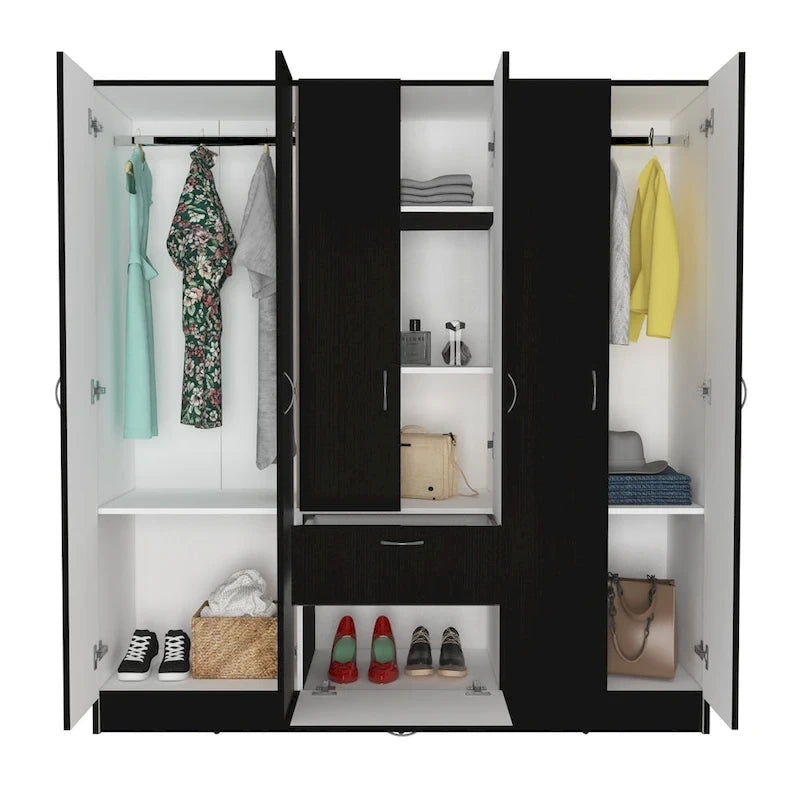 Armoire à six portes, sept étagères intérieures, un tiroir, une tringle - N/A