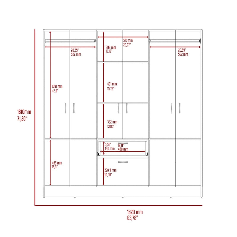 Armoire à six portes, sept étagères intérieures, un tiroir, une tringle - N/A