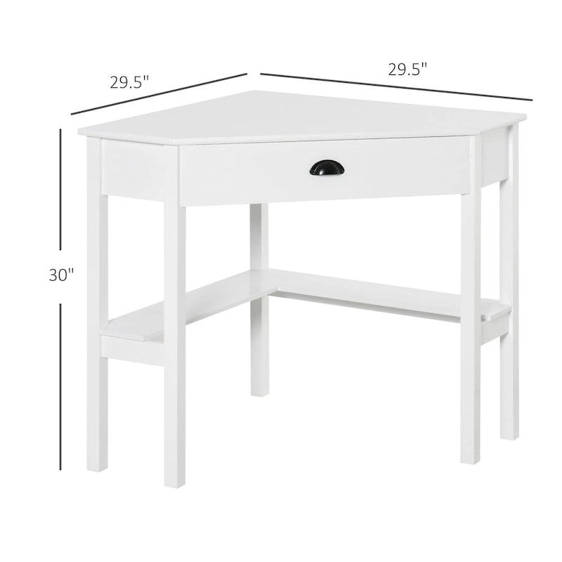 Corner Desk—A triangular computer desk for small spaces, featuring drawers and storage shelves.