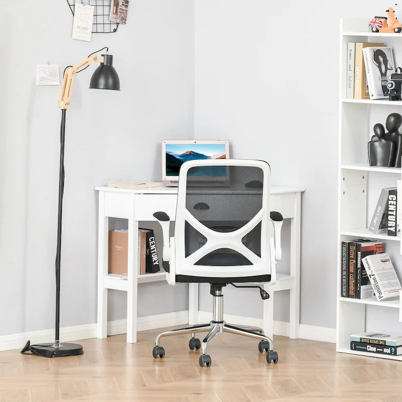 Corner Desk—A triangular computer desk for small spaces, featuring drawers and storage shelves.