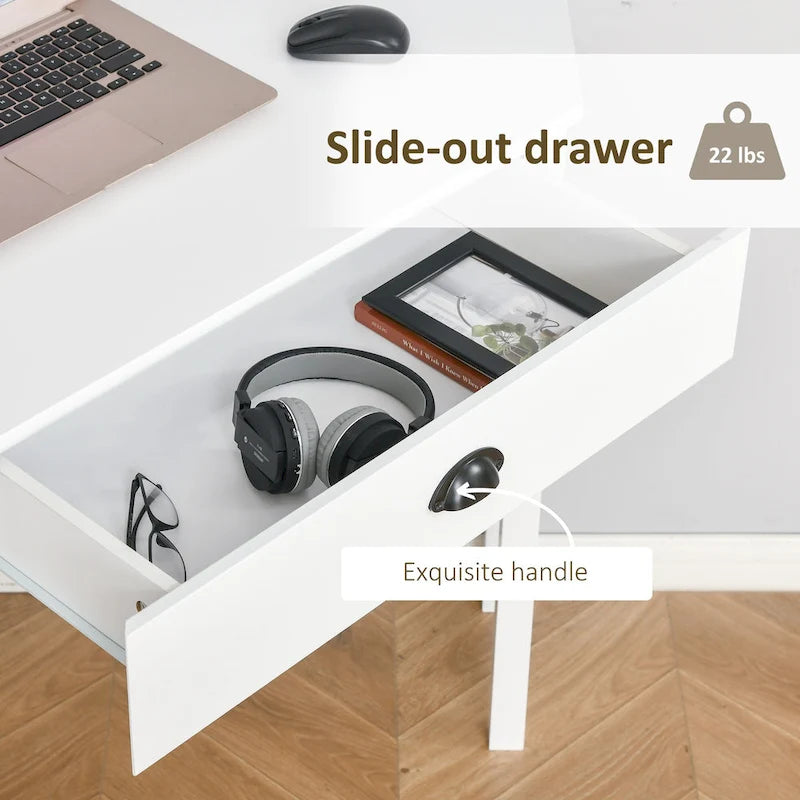 Corner Desk—A triangular computer desk for small spaces, featuring drawers and storage shelves.