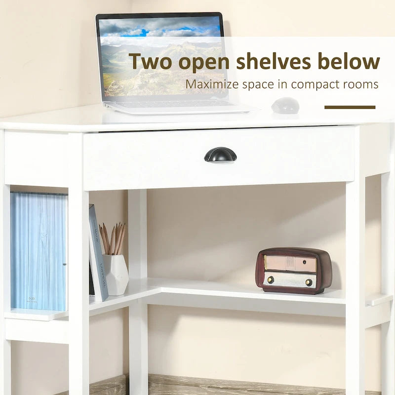Corner Desk—A triangular computer desk for small spaces, featuring drawers and storage shelves.