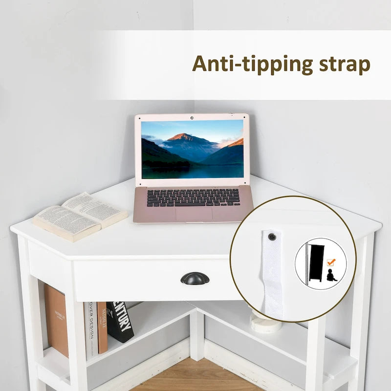 Corner Desk—A triangular computer desk for small spaces, featuring drawers and storage shelves.