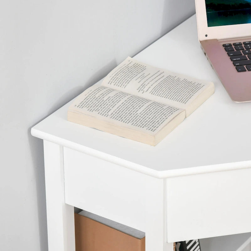 Corner Desk—A triangular computer desk for small spaces, featuring drawers and storage shelves.
