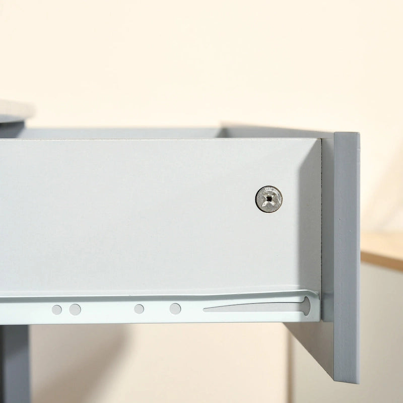 Corner Desk—A triangular computer desk for small spaces, featuring drawers and storage shelves.