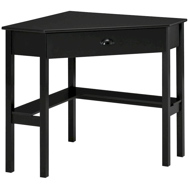 Corner Desk—A triangular computer desk for small spaces, featuring drawers and storage shelves.