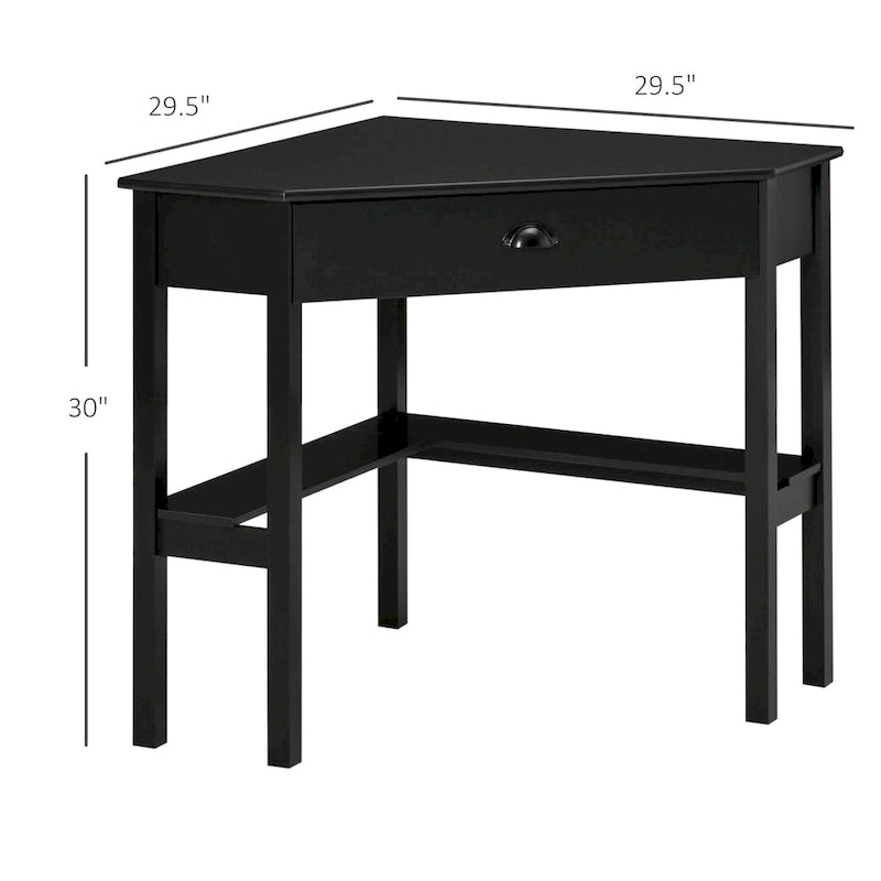 Corner Desk—A triangular computer desk for small spaces, featuring drawers and storage shelves.