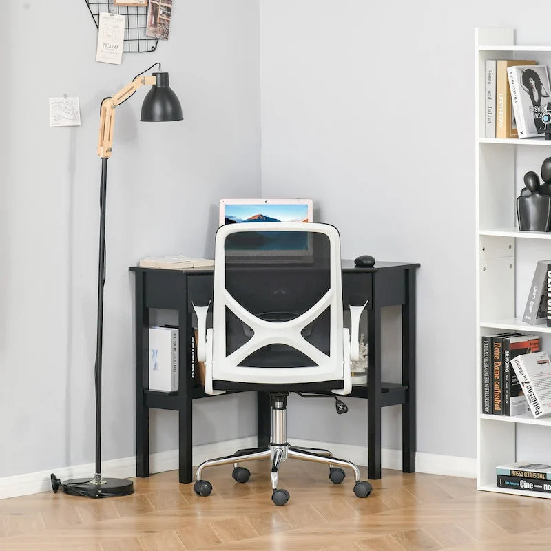 Corner Desk—A triangular computer desk for small spaces, featuring drawers and storage shelves.