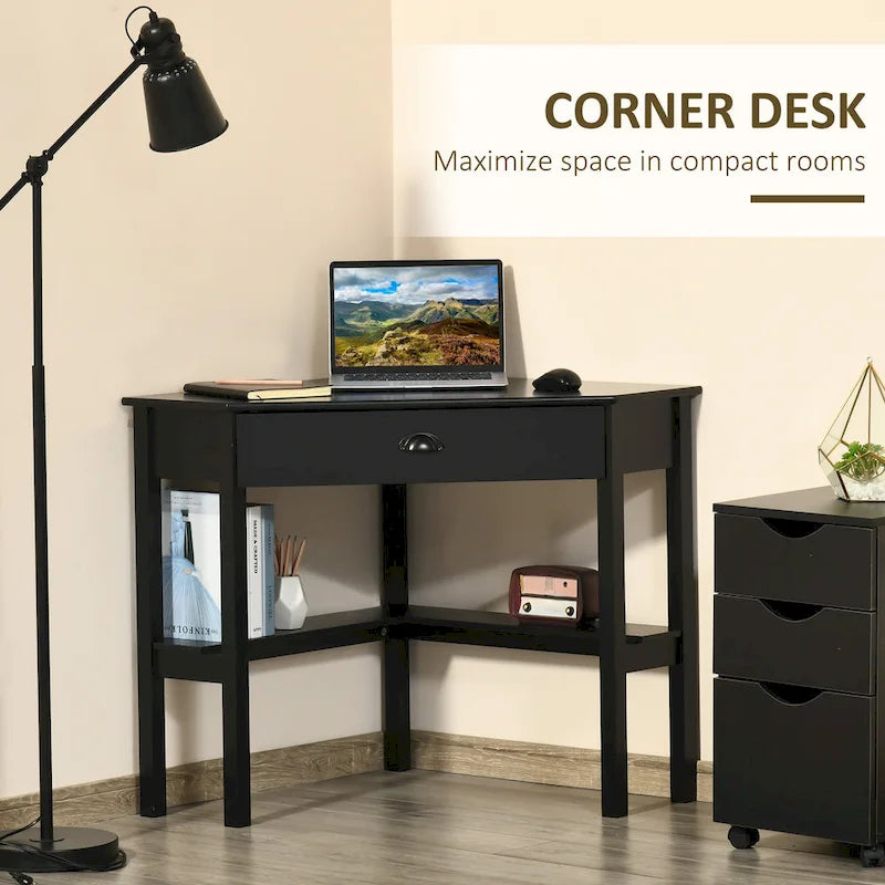 Corner Desk—A triangular computer desk for small spaces, featuring drawers and storage shelves.