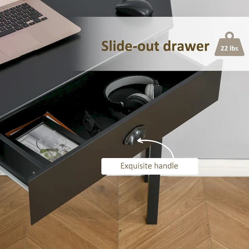 Corner Desk—A triangular computer desk for small spaces, featuring drawers and storage shelves.