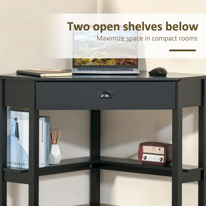 Corner Desk—A triangular computer desk for small spaces, featuring drawers and storage shelves.
