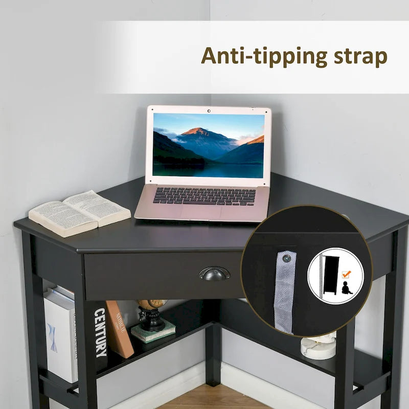 Corner Desk—A triangular computer desk for small spaces, featuring drawers and storage shelves.