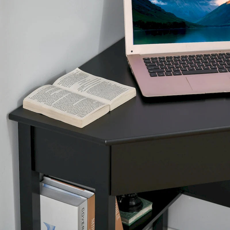 Corner Desk—A triangular computer desk for small spaces, featuring drawers and storage shelves.