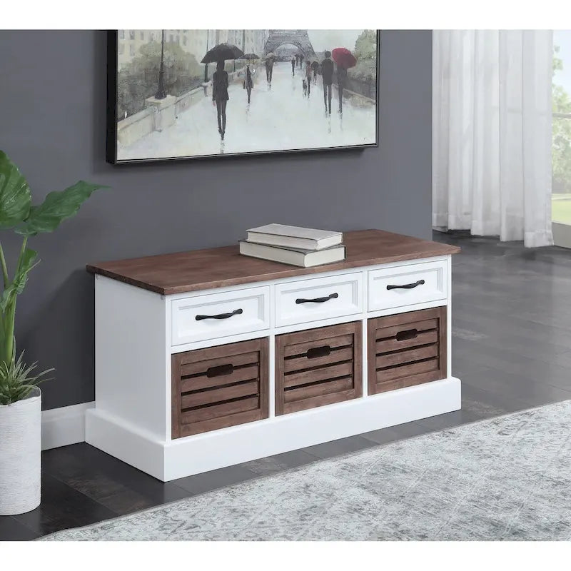 Banc de rangement à 3 tiroirs, marron et blanc patinés