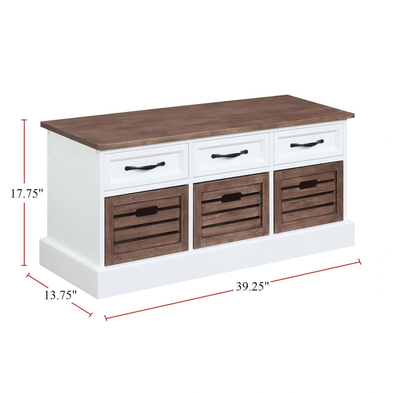 Banc de rangement à 3 tiroirs, marron et blanc patinés